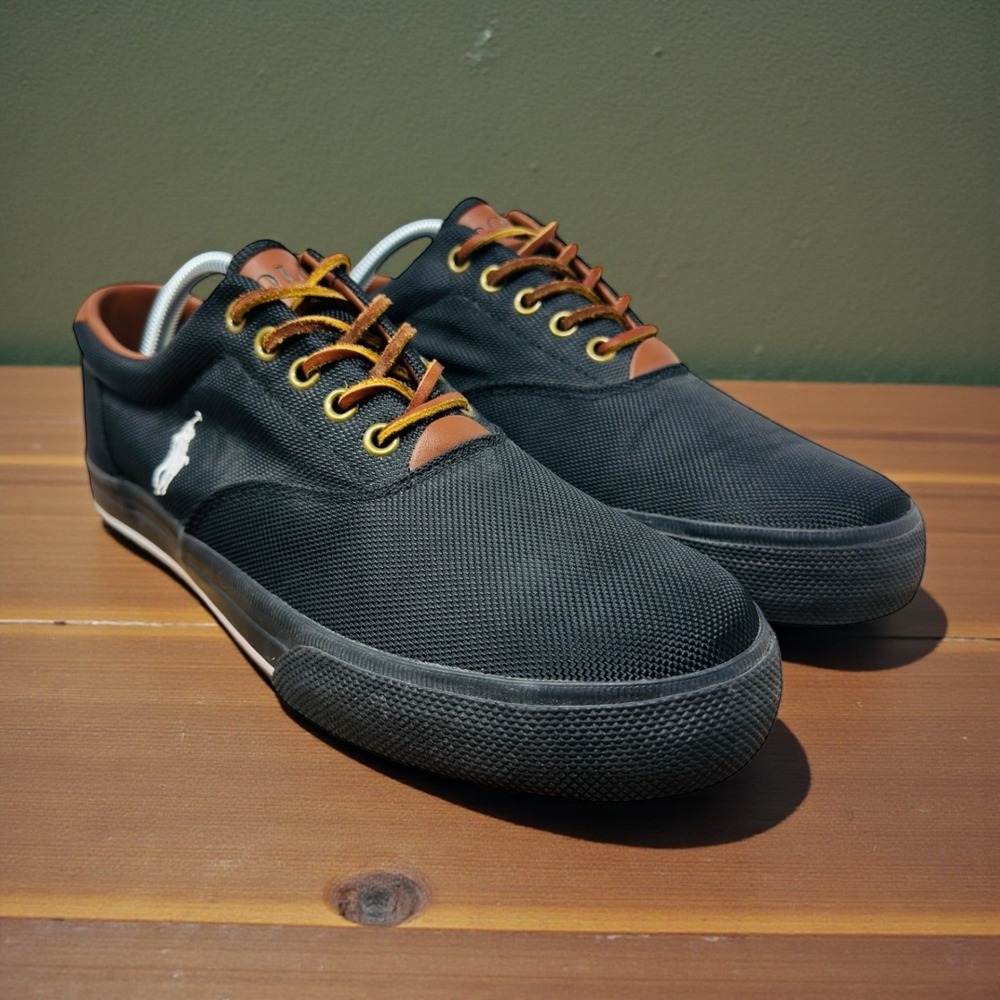 Polo Ralph Lauren Vaughn Black Canvas Leather Mens Size 10 Casual Sneakers shoes